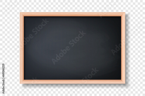 Vector 3d Realistic Blank Black Chalkboard, Wooden Frame Closeup Isolated on Transparent Background. Chalkboard Design Template, Mockup. Empty Blackboard for Classroom, Restaurant Menu. Front View