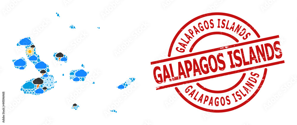 Weather pattern map of Galapagos Islands, and distress red round stamp. Geographic vector concept map of Galapagos Islands is designed from random rain, cloud, sun, thunderstorm. Weather pattern map of Galapagos Islands, and distress red round stamp. Geographic vector concept map of Galapagos Islands is designed from random rain, cloud, sun, thunderstorm.