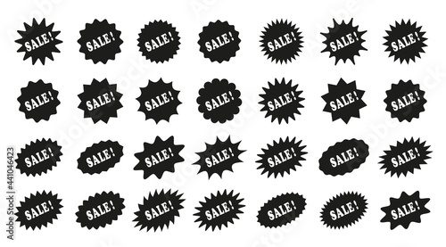 Sale starburst price stickers. Callout star shape. Discount promo boxes, stamps. Product tag labels. Circle and oval splash badges. Set of star bursts isolated on white background. Vector illustration