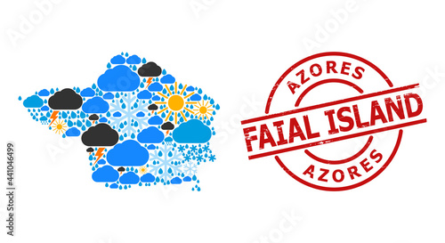 Climate mosaic map of Faial Island, and textured red round badge. Geographic vector mosaic map of Faial Island is created from randomized rain, cloud, sun, thunderstorm symbols. photo