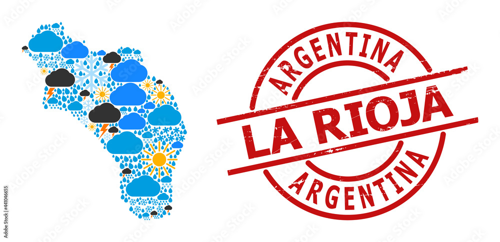 Weather mosaic map of Argentina - La Rioja, and textured red round stamp seal. Geographic vector mosaic map of Argentina - La Rioja is organized from random rain, cloud, sun, thunderstorm. Weather mosaic map of Argentina - La Rioja, and textured red round stamp seal. Geographic vector mosaic map of Argentina - La Rioja is organized from random rain, cloud, sun, thunderstorm.