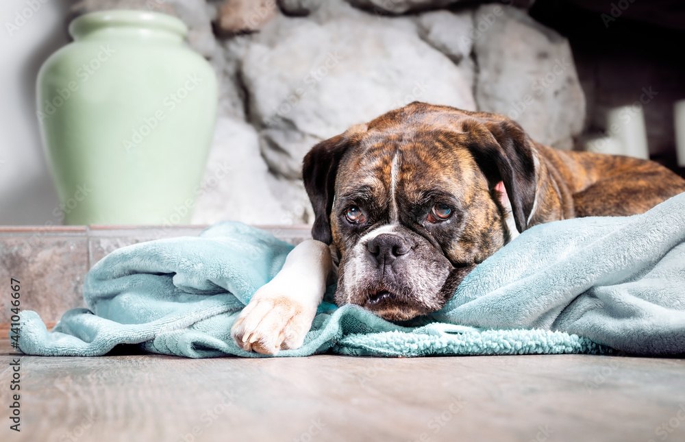 Boxer dog resting on blanket while looking at the camera. 5 year old female brindle boxer with floppy ears with sad or bored expression lying in front of a fireplace in living room. Selective focus. Boxer dog resting on blanket while looking at the camera. 5 year old female brindle boxer with floppy ears with sad or bored expression lying in front of a fireplace in living room. Selective focus.