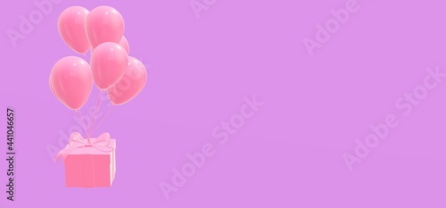 Pink balloons and gift box on purple background. 3D render illustration © Irina Shi