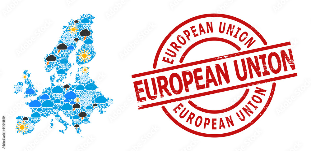 Weather pattern map of Euro Union, and rubber red round stamp seal. Geographic vector composition map of Euro Union is created with randomized rain, cloud, sun, thunderstorm icons. Weather pattern map of Euro Union, and rubber red round stamp seal. Geographic vector composition map of Euro Union is created with randomized rain, cloud, sun, thunderstorm icons.