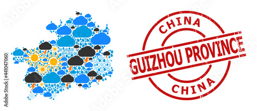 Weather collage map of Guizhou Province, and grunge red round stamp seal. Geographic vector collage map of Guizhou Province is organized from random rain, cloud, sun, thunderstorm items.