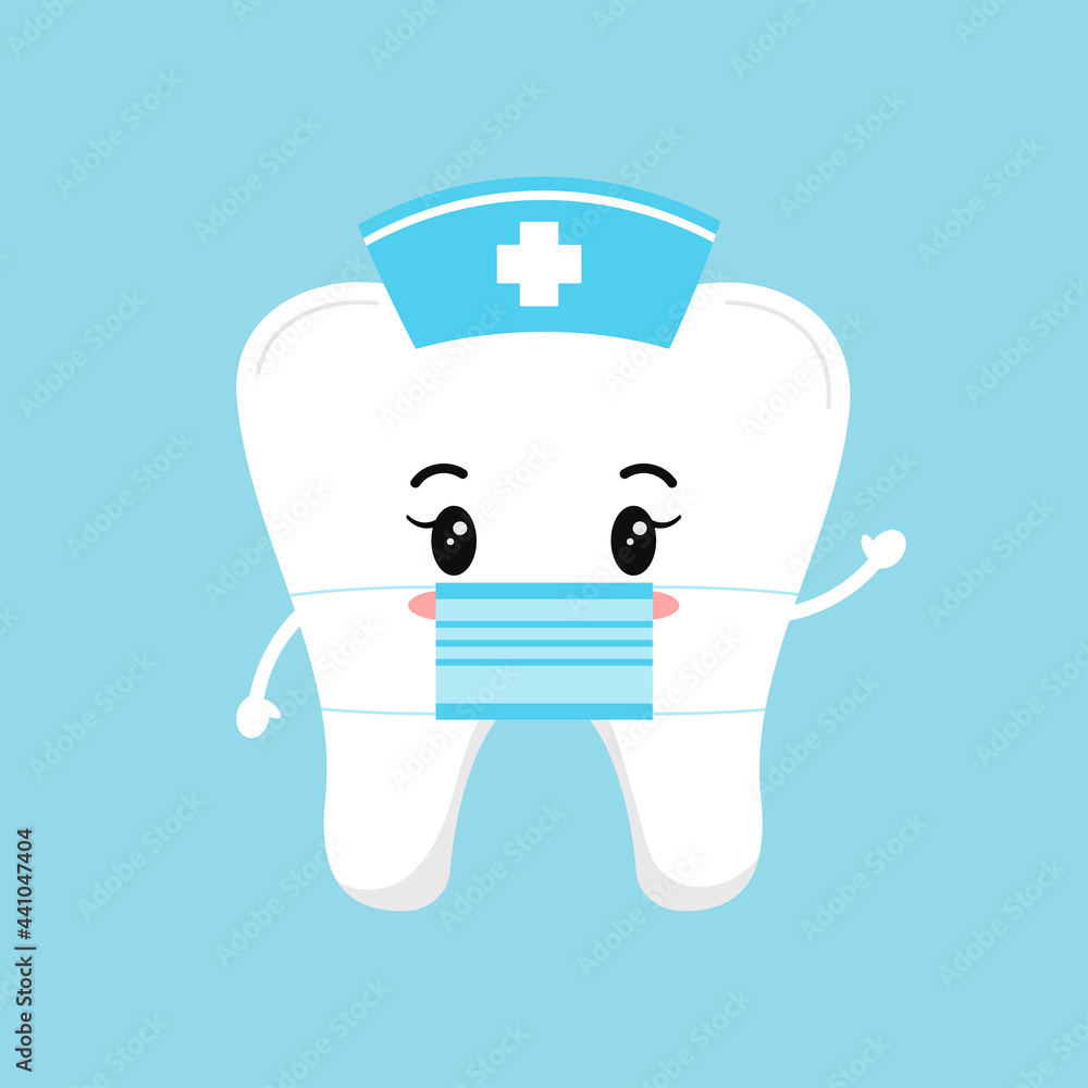 Cute tooth nurse with medical cap and surgical mask. Vector illustration happy healthy kawaii character. Flat design cartoon style dentist assistance teeth graphic design element. Cute tooth nurse with medical cap and surgical mask. Vector illustration happy healthy kawaii character. Flat design cartoon style dentist assistance teeth graphic design element.