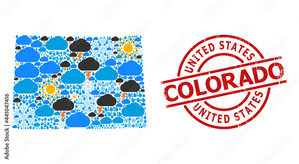 Naklejka premium Climate mosaic map of Colorado State, and scratched red round badge. Geographic vector mosaic map of Colorado State is organized from randomized rain, cloud, sun, thunderstorm symbols.