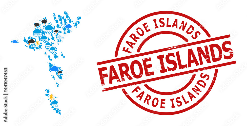 Weather collage map of Faroe Islands, and grunge red round stamp seal. Geographic vector collage map of Faroe Islands is constructed with randomized rain, cloud, sun, thunderstorm. Weather collage map of Faroe Islands, and grunge red round stamp seal. Geographic vector collage map of Faroe Islands is constructed with randomized rain, cloud, sun, thunderstorm.