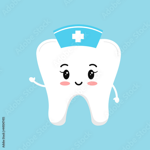 Cute tooth nurse with blue medical cap. Vector illustration of happy healthy kawaii character. Flat design cartoon style dentist assistance teeth graphic design element.