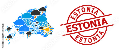 Weather collage map of Estonia, and grunge red round seal. Geographic vector mosaic map of Estonia is composed with randomized rain, cloud, sun, thunderstorm items. photo