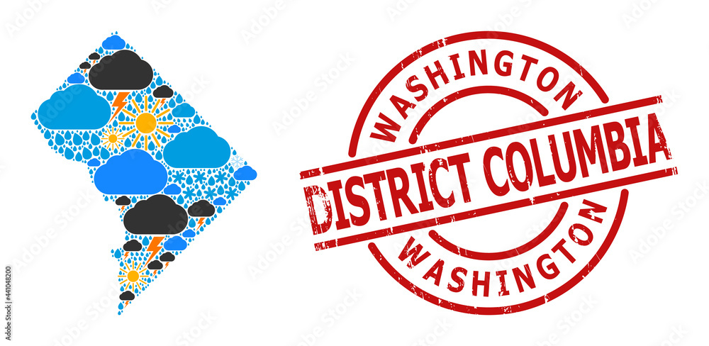 Climate collage map of District Columbia, and scratched red round stamp. Geographic vector collage map of District Columbia is composed with scattered rain, cloud, sun, thunderstorm elements. Climate collage map of District Columbia, and scratched red round stamp. Geographic vector collage map of District Columbia is composed with scattered rain, cloud, sun, thunderstorm elements.