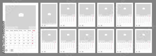 Wall Monthly Photo Calendar 2022. Simple monthly vertical photo calendar Layout for 2022 year in English. Cover Calendar, 12 monthes templates. Week starts from Monday. Vector illustration