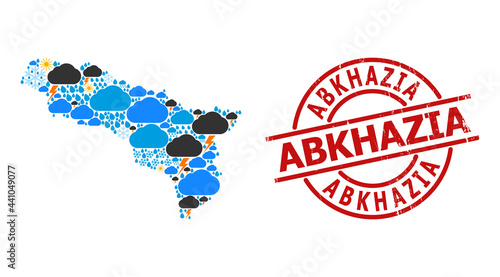 Climate mosaic map of Abkhazia, and scratched red round seal. Geographic vector mosaic map of Abkhazia is combined from random rain, cloud, sun, thunderstorm items.