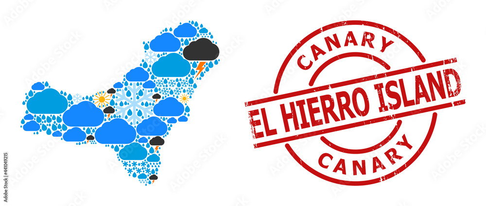 Climate mosaic map of El Hierro Island, and distress red round stamp. Geographic vector mosaic map of El Hierro Island is created with scattered rain, cloud, sun, thunderstorm symbols.