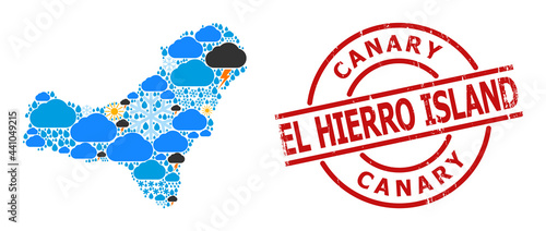 Climate mosaic map of El Hierro Island, and distress red round stamp. Geographic vector mosaic map of El Hierro Island is created with scattered rain, cloud, sun, thunderstorm symbols.