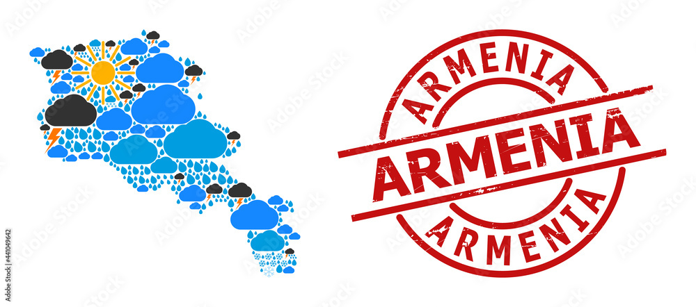 Weather collage map of Armenia, and distress red round stamp seal. Geographic vector collage map of Armenia is done with randomized rain, cloud, sun, thunderstorm icons. Weather collage map of Armenia, and distress red round stamp seal. Geographic vector collage map of Armenia is done with randomized rain, cloud, sun, thunderstorm icons.