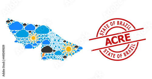 Weather mosaic map of Acre State, and distress red round badge. Geographic vector mosaic map of Acre State is done from randomized rain, cloud, sun, thunderstorm icons.