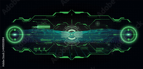Futuristic helmet or cockpit view in HUD, FUI style. Luminous visual display of vehicle technology. Future virtual sight, dashboard, view frame Futuristic game interface. Virtual Reality Technology
