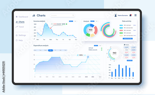 Dashboard UI, UX, KIT, great design for any site purposes. Business infographic template. Vector flat illustration. Big data concept User admin panel template design. Analytics admin dashboard.