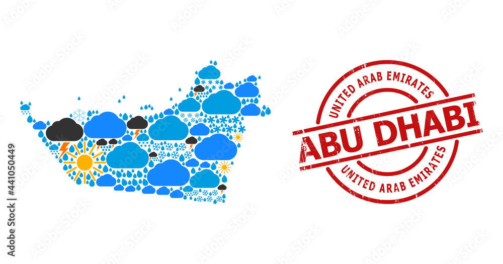 Weather pattern map of Abu Dhabi Emirate, and distress red round seal. Geographic vector concept map of Abu Dhabi Emirate is constructed with scattered rain, cloud, sun, thunderstorm.