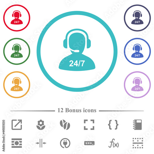 24 hours operator service flat color icons in circle shape outlines