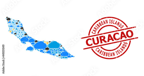 Weather collage map of Curacao Island, and textured red round stamp. Geographic vector collage map of Curacao Island is combined with random rain, cloud, sun, thunderstorm icons.
