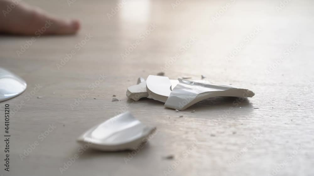 the white plate falls to the floor and breaks. the white plate falls to the floor and breaks.