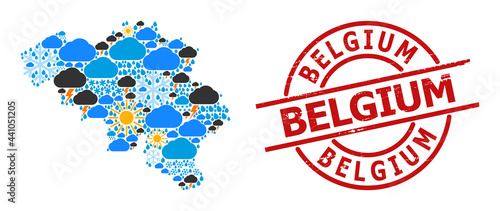 Climate collage map of Belgium, and rubber red round badge. Geographic vector collage map of Belgium is combined with random rain, cloud, sun, thunderstorm elements.