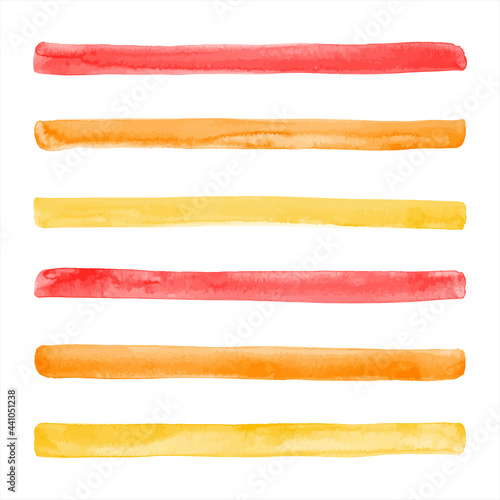 Yellow, red, orange watercolor vector stripes set. Hand drawn streaks, long brush strokes, watercolour smears with stains, wide lines, bars. Text background, banners, graphic design elements.