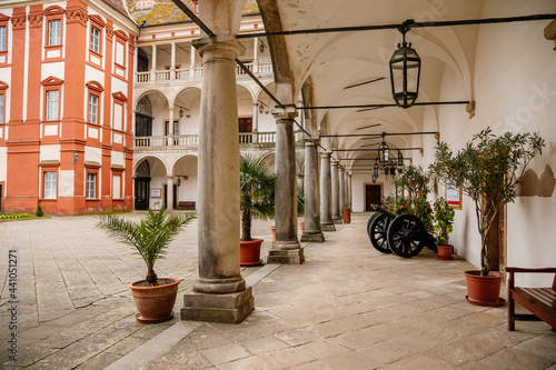Opocno castle, renaissance chateau, courtyard with arcades and red facade, palm trees and plants in ceramic pots, old cannons, sunny summer day, aristocratic residence, Czech Republic