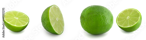 Collage of different parts of lime fruit. Fresh citrus, 4 pictures isolated on white background.