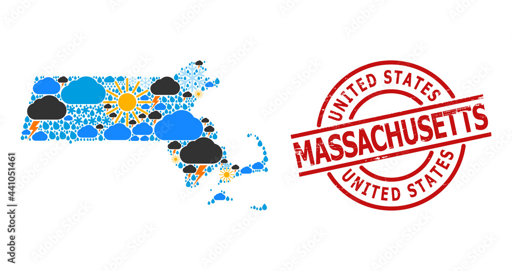 Climate collage map of Massachusetts State, and distress red round seal. Geographic vector collage map of Massachusetts State is constructed from randomized rain, cloud, sun, thunderstorm items.