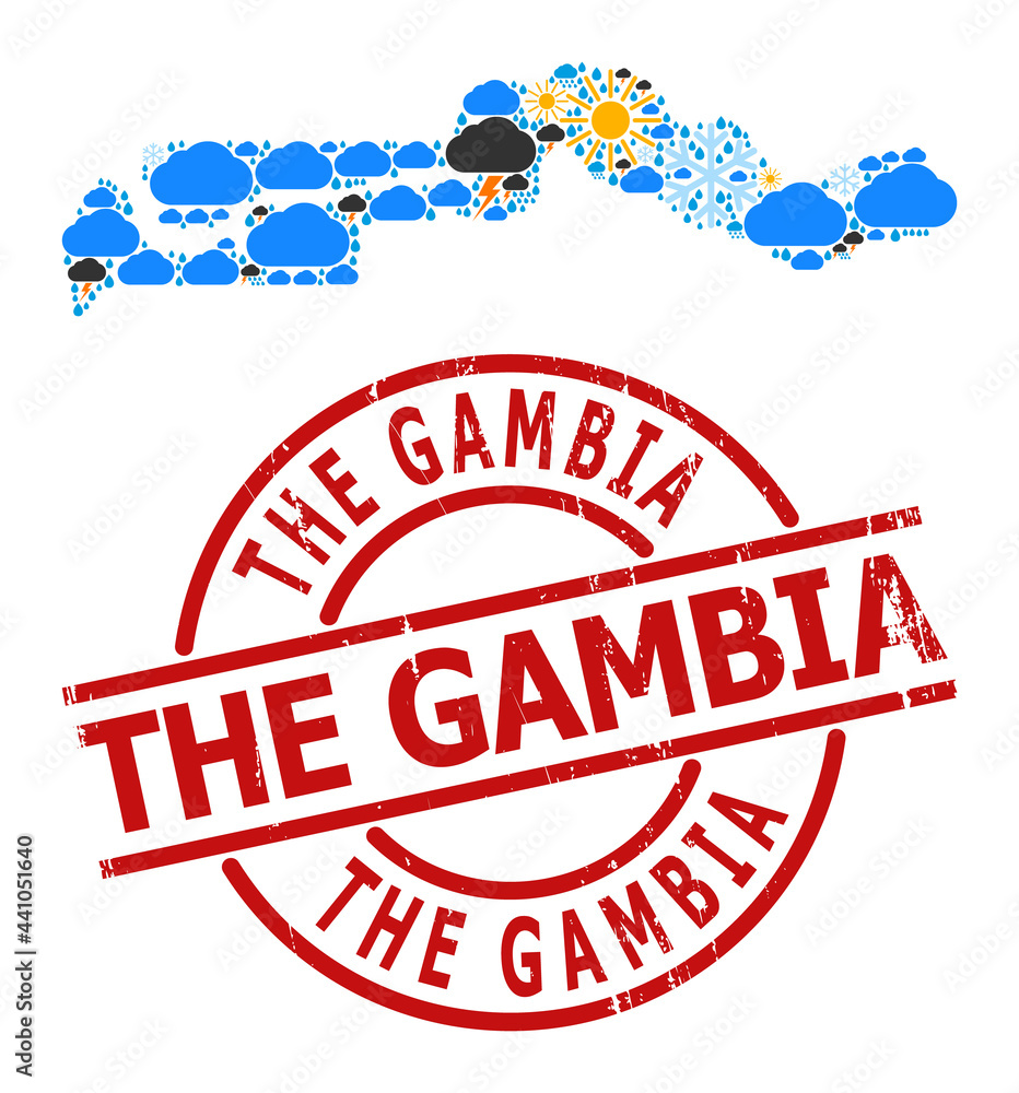 Climate mosaic map of the Gambia, and grunge red round stamp seal. Geographic vector mosaic map of the Gambia is constructed with scattered rain, cloud, sun, thunderstorm icons. Climate mosaic map of the Gambia, and grunge red round stamp seal. Geographic vector mosaic map of the Gambia is constructed with scattered rain, cloud, sun, thunderstorm icons.