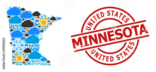 Weather collage map of Minnesota State, and distress red round seal. Geographic vector collage map of Minnesota State is combined from scattered rain, cloud, sun, thunderstorm icons.