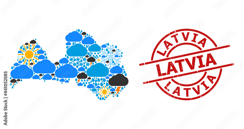 Naklejka premium Weather mosaic map of Latvia, and rubber red round badge. Geographic vector mosaic map of Latvia is organized from scattered rain, cloud, sun, thunderstorm items.