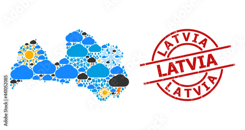 Weather mosaic map of Latvia, and rubber red round badge. Geographic vector mosaic map of Latvia is organized from scattered rain, cloud, sun, thunderstorm items.