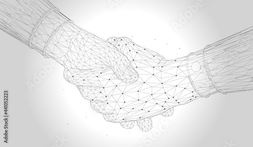 Digital handshake - Wireframe technology illustration of two people shaking hands. Vector.