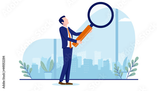 Businessman with magnifying glass - Person in business doing research and looking closer to find answers. Vector illustration with white background.