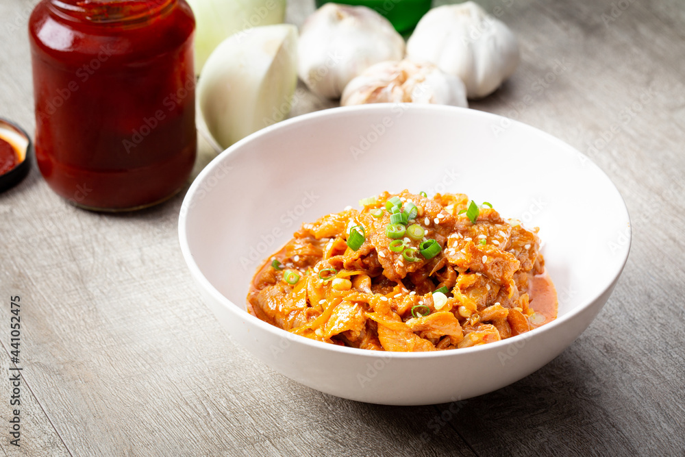 stir fried pork with Korean spicy sauce (Gochujang) or Bulgogi, Korean popular menu stir fried pork with Korean spicy sauce (Gochujang) or Bulgogi, Korean popular menu