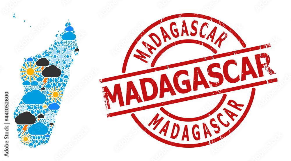 Climate mosaic map of Madagascar Island, and grunge red round stamp. Geographic vector mosaic map of Madagascar Island is done from random rain, cloud, sun, thunderstorm icons. Climate mosaic map of Madagascar Island, and grunge red round stamp. Geographic vector mosaic map of Madagascar Island is done from random rain, cloud, sun, thunderstorm icons.