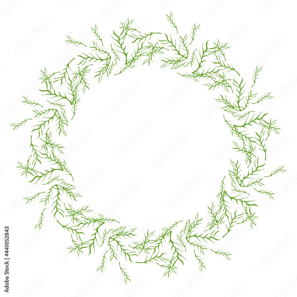 Hand drawn vector green floral rustic circle wreaths with plant leaves and branches on white background Hand drawn vector green floral rustic circle wreaths with plant leaves and branches on white background