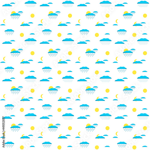 Illustration of a pattern depicting weather, sun, clouds, rain and snow
