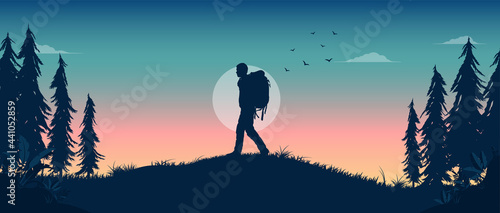 Tablou canvas Man walking in nature at night - Silhouette of person with backpack wandering alone in landscape