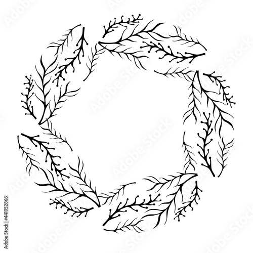 Hand drawn vector black floral rustic circle wreath with plant leaves and branches on white background