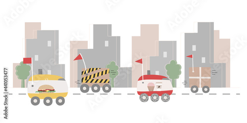 Concept vector illustration of a self driving delivery robots carrying orders, food in the city.