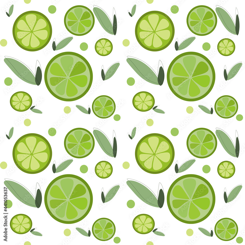 Bright pattern with limes and, slices of citrus with leaves, citrus fruit pattern on a white background
