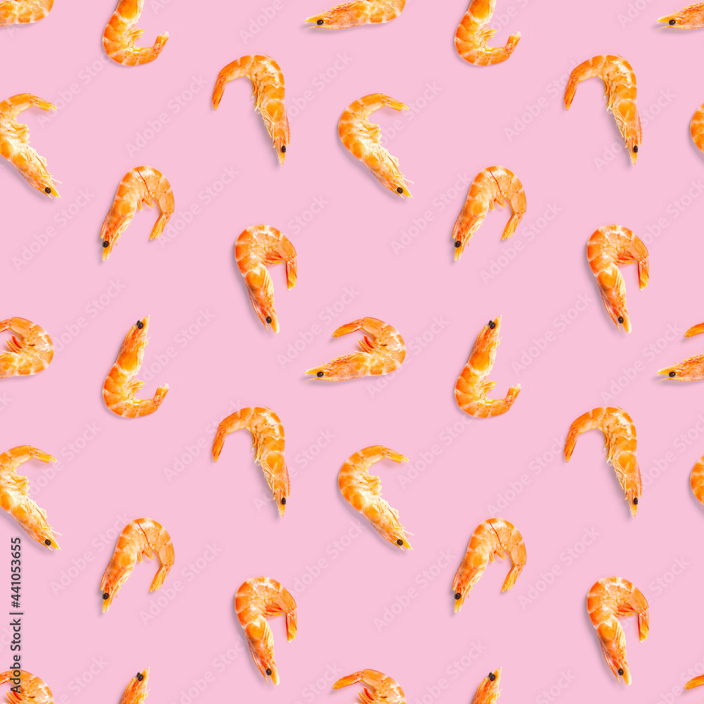 Seamless pattern made from Prawn isolated on a pink background. Tiger shrimp. Seafood seamless pattern with shrimps. seafood pattern Seamless pattern made from Prawn isolated on a pink background. Tiger shrimp. Seafood seamless pattern with shrimps. seafood pattern