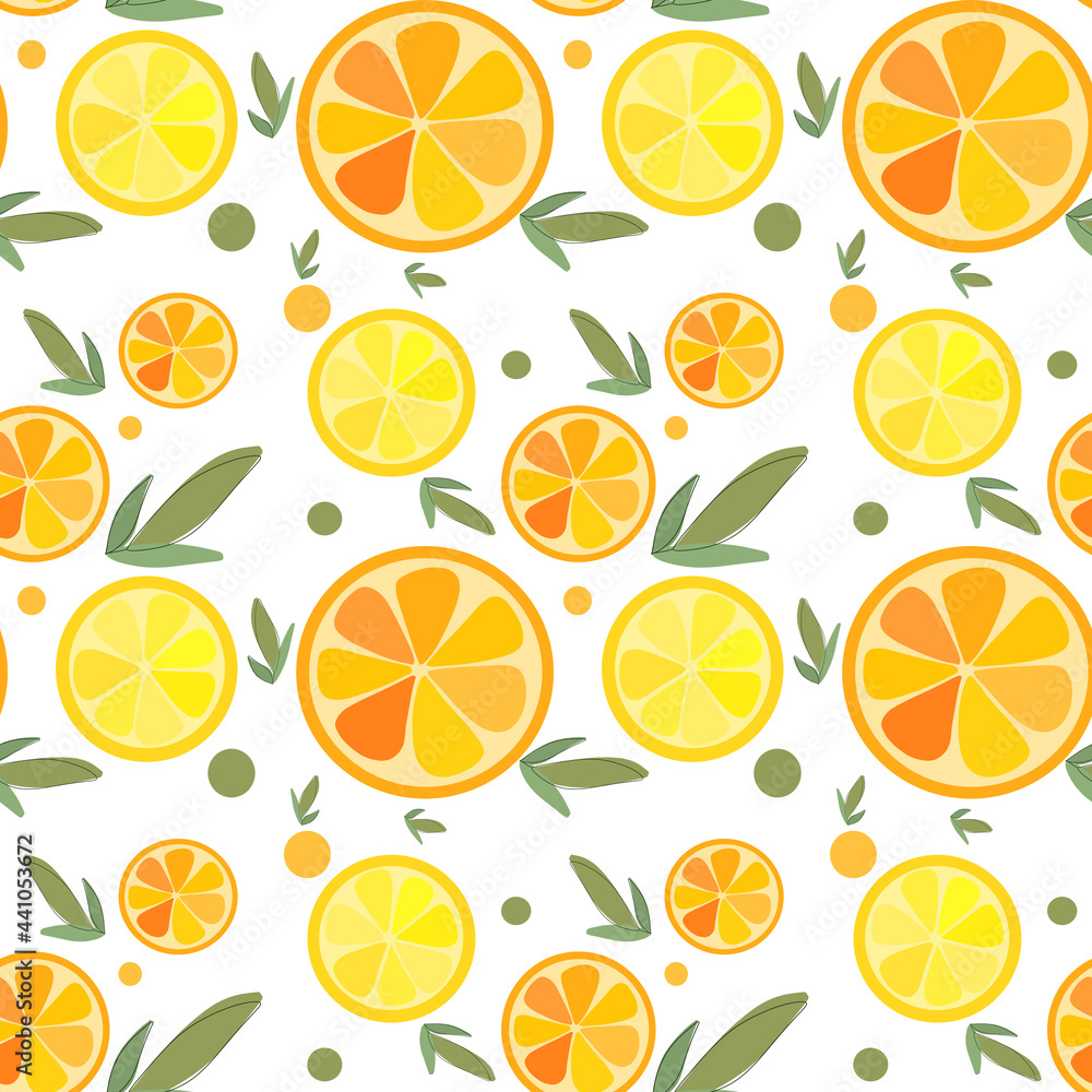 Bright pattern with oranges and lemons, slices of citrus with leaves, citrus fruit pattern on a white background