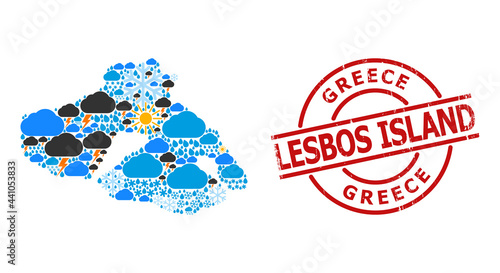 Weather pattern map of Lesbos Island, and textured red round seal. Geographic vector composition map of Lesbos Island is composed from random rain, cloud, sun, thunderstorm symbols.