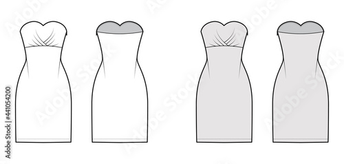 Dress tube technical fashion illustration with strapless, fitted body, knee length pencil skirt. Flat apparel front, back, white, grey color style. Women, men unisex CAD mockup